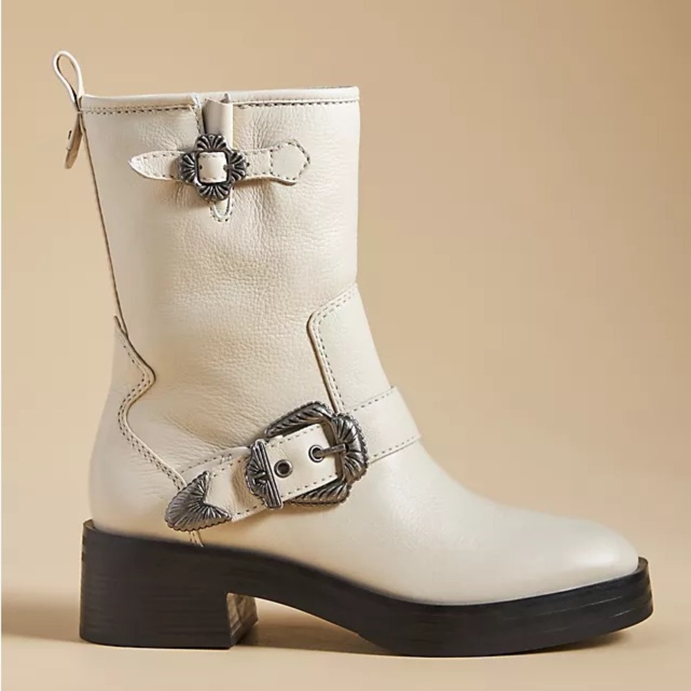 Larroude Lesther Hardy Boot Western Buckle Moto In Natural, Size 8